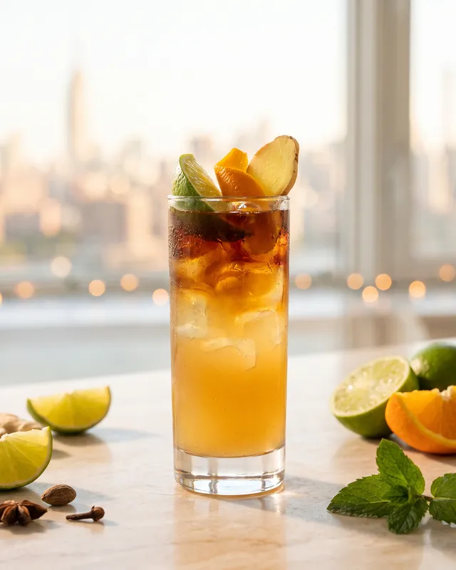 Añejo Highball i highballglas med lime, appelsin og ingefær