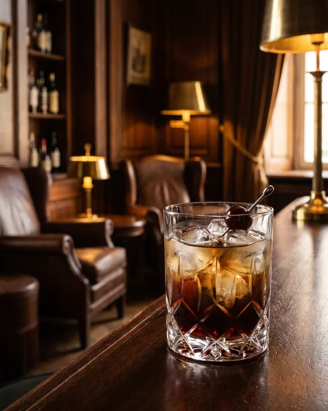 Black Russian i rocksglas med cocktailkirsebær