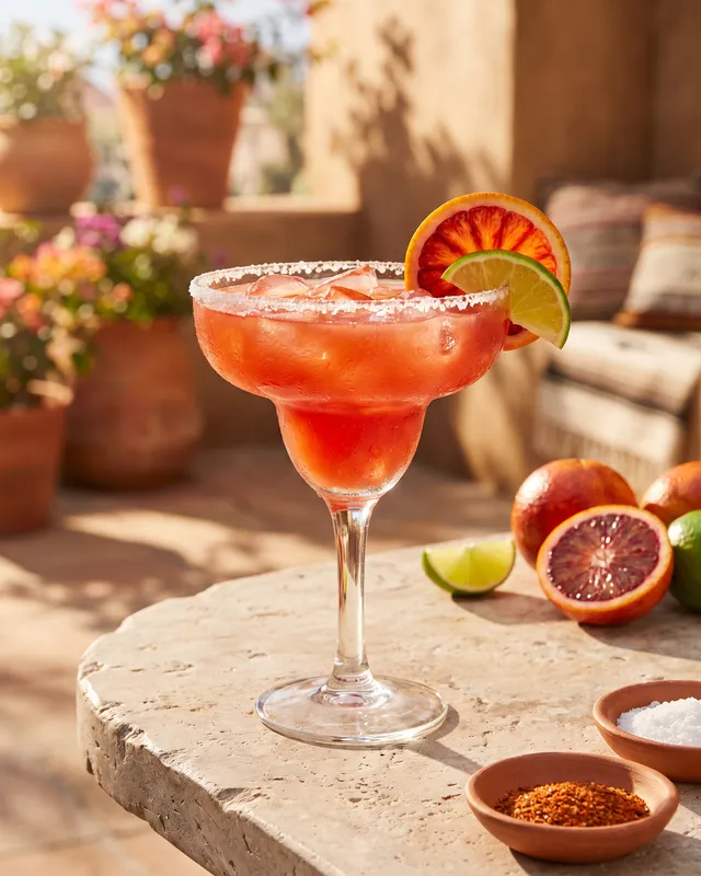 Blodappelsin Margarita i margaritaglas med appelsin og lime