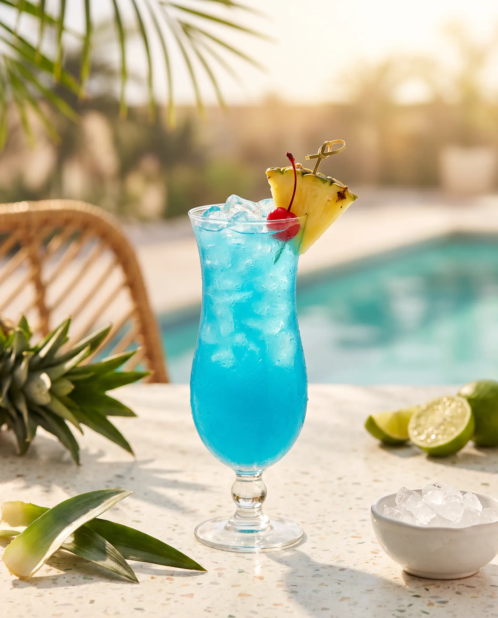 Blue Hawaiian i hurricaneglas med ananas og cocktailkirsebær