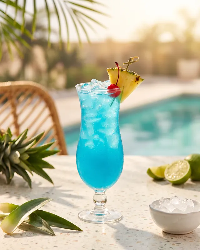 Blue Hawaiian i hurricaneglas med ananas og cocktailkirsebær