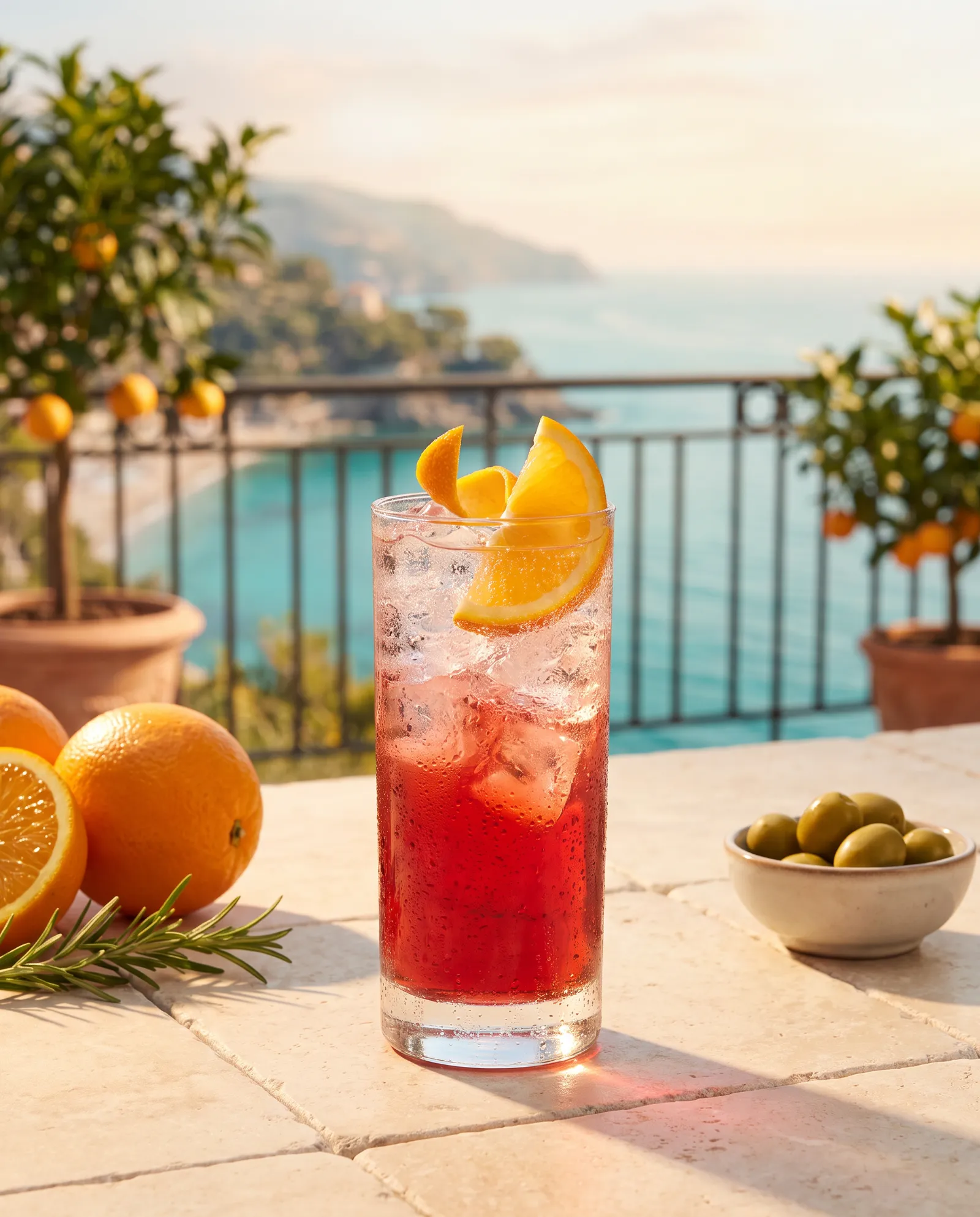 Campari Soda i highballglas med appelsin