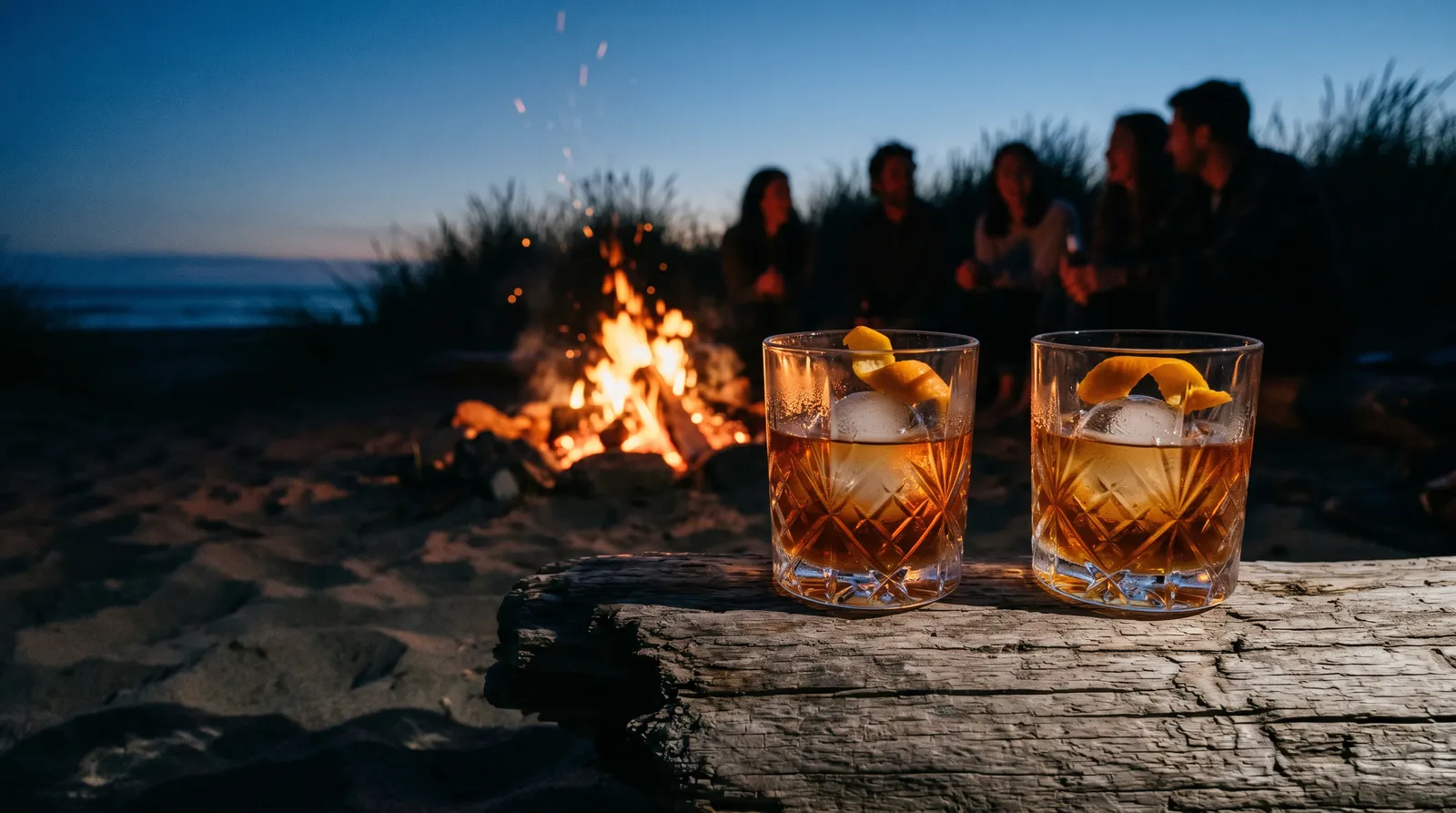 Bonfire and cocktails on the beach with friends