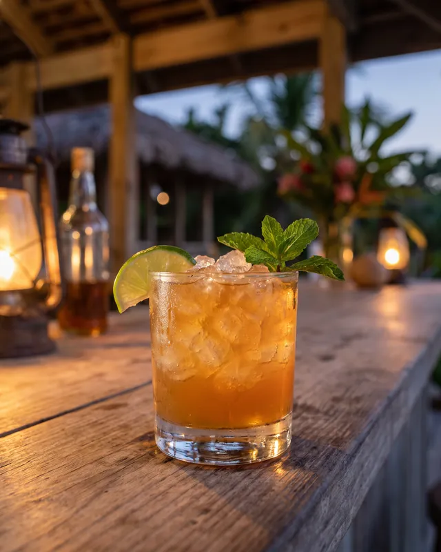 Corn & Oil i dobbelt old fashioned-glas med lime og lime