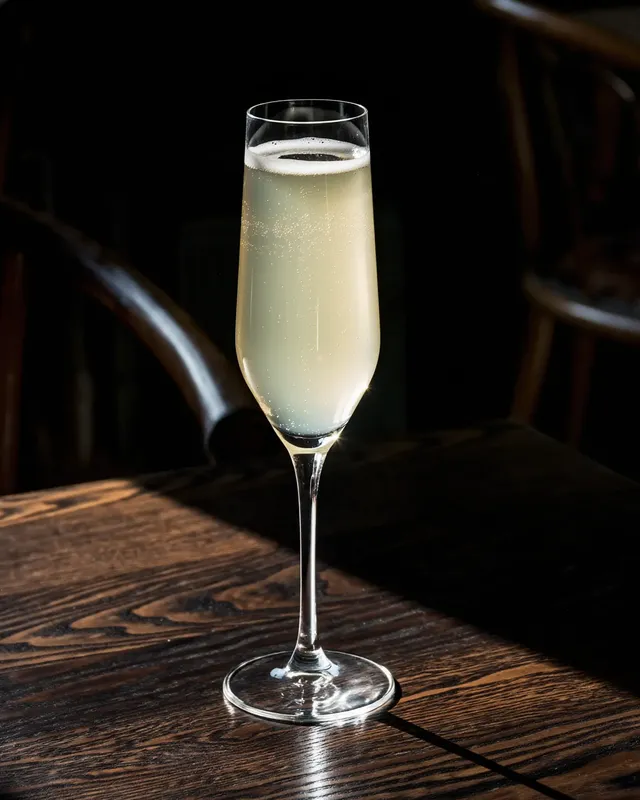 Death in the afternoon cocktail in a champagne flute on a wooden table at a bar.