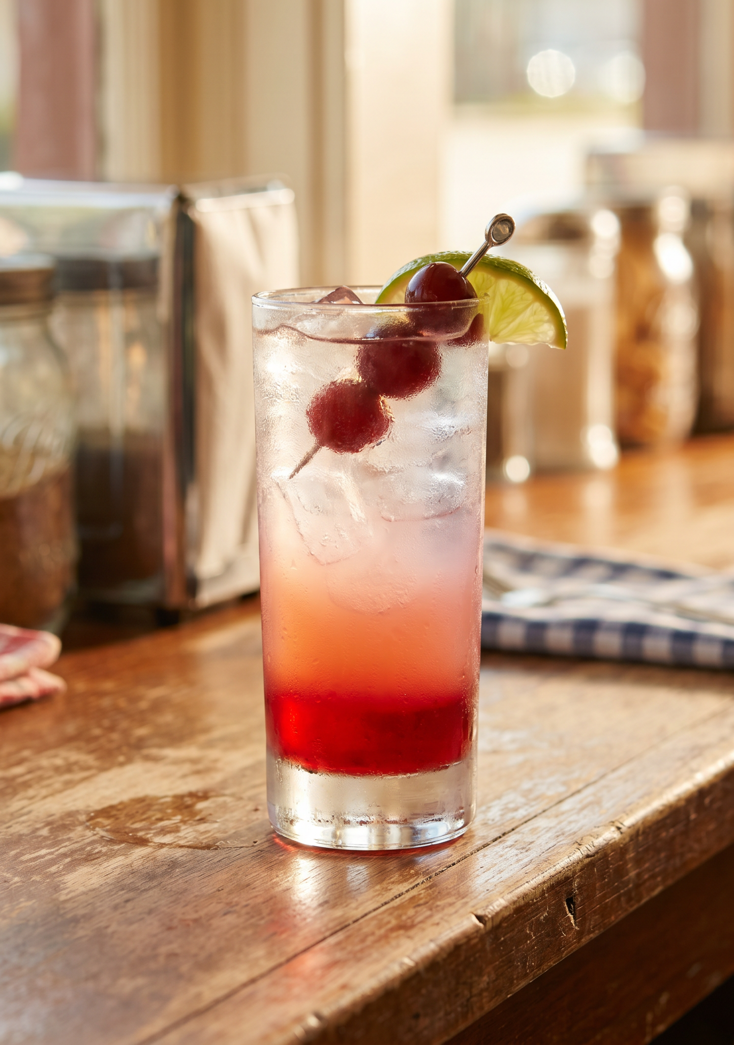 Dirty Shirley i highballglas med cocktailkirsebær og lime