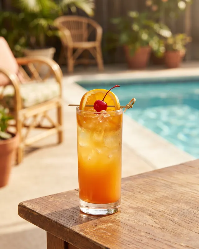 Fuzzy Navel i highballglas med appelsin og cocktailkirsebær