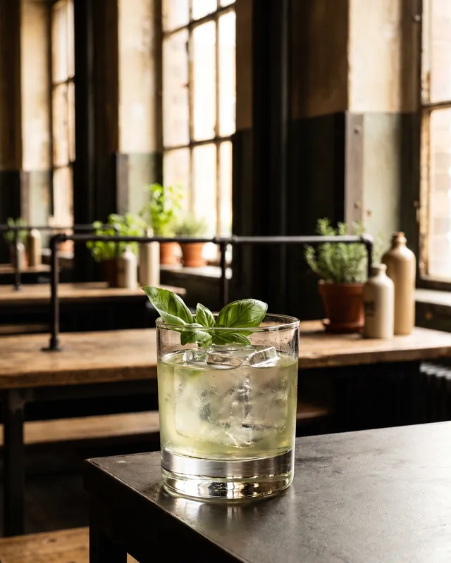 Gin Basil Smash i dobbelt old fashioned-glas med basilikum og basilikum