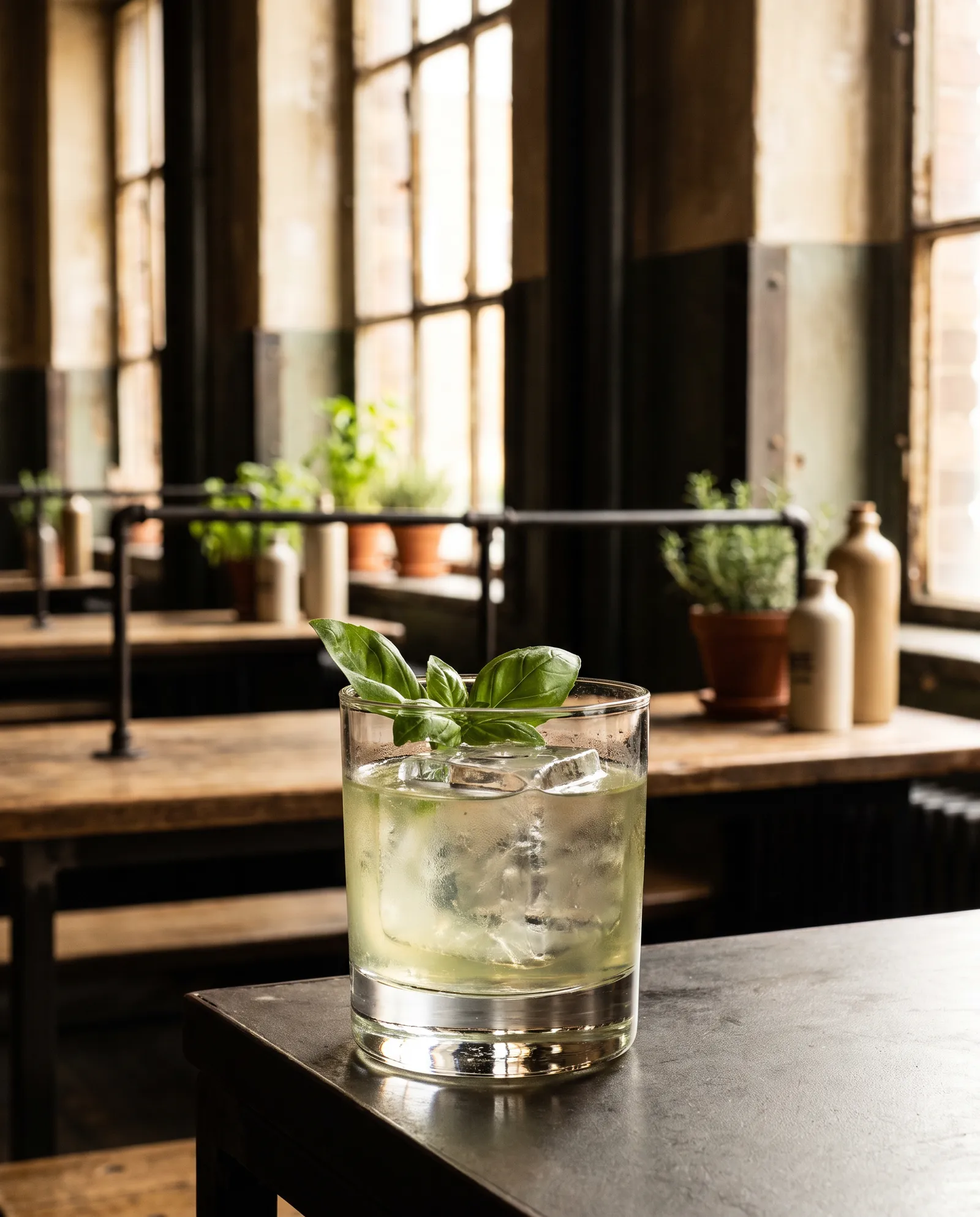Gin Basil Smash i dobbelt old fashioned-glas med basilikum og basilikum