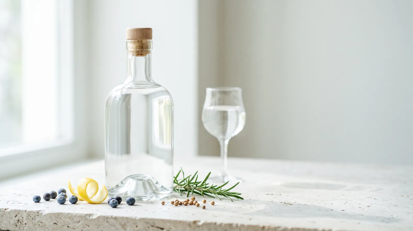 Artisinal gin on counter top with juniper, citrus and other herbs.