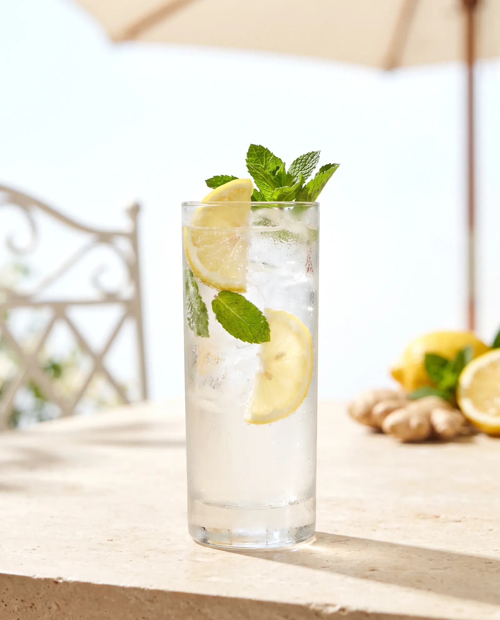 Ginger Fizz i highballglas med citron og mynte