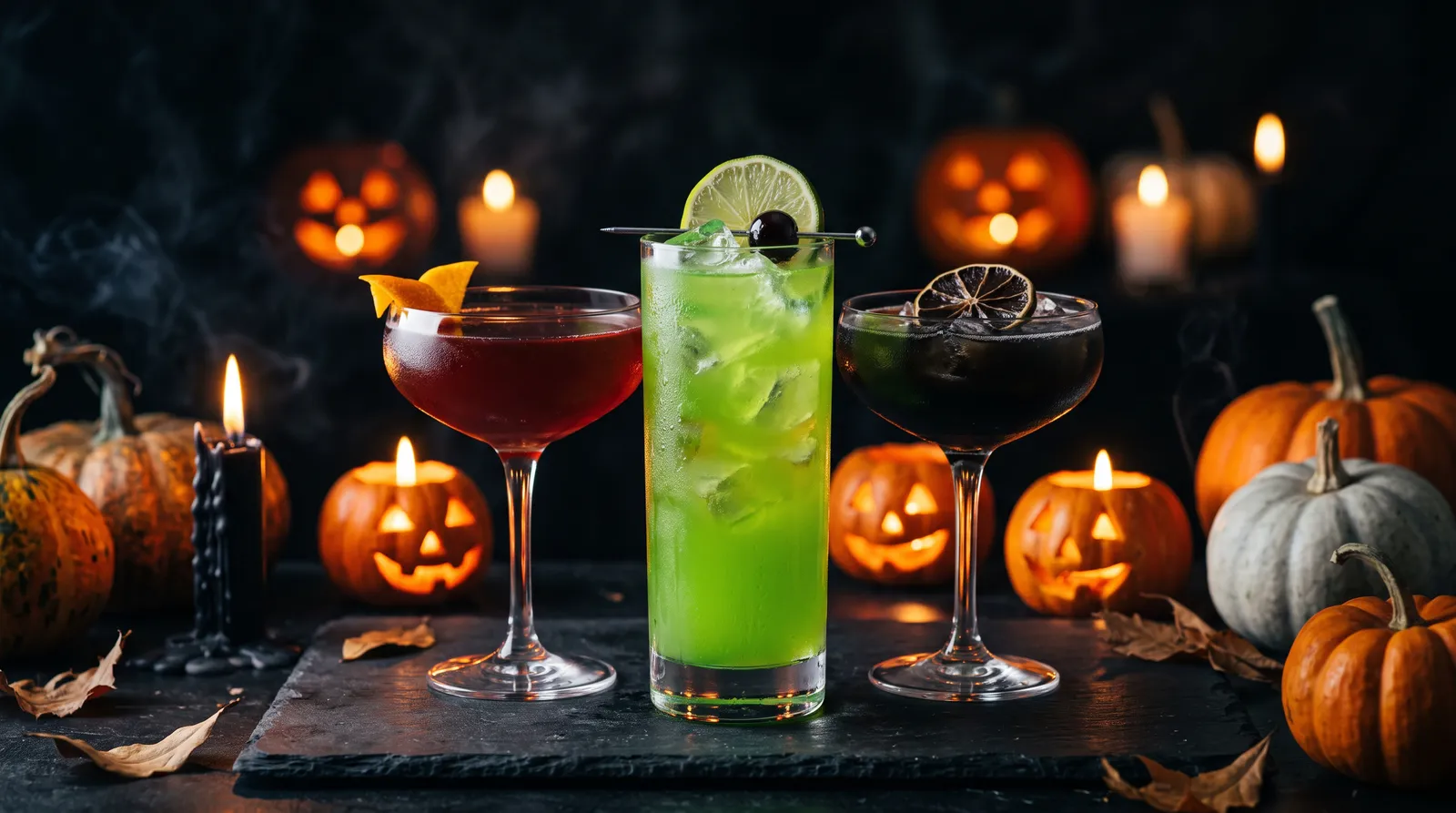 Grøn, rød og sort cocktail mellem tændte græskarlygter