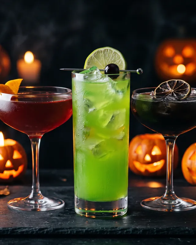 Grøn, rød og sort cocktail mellem tændte græskarlygter
