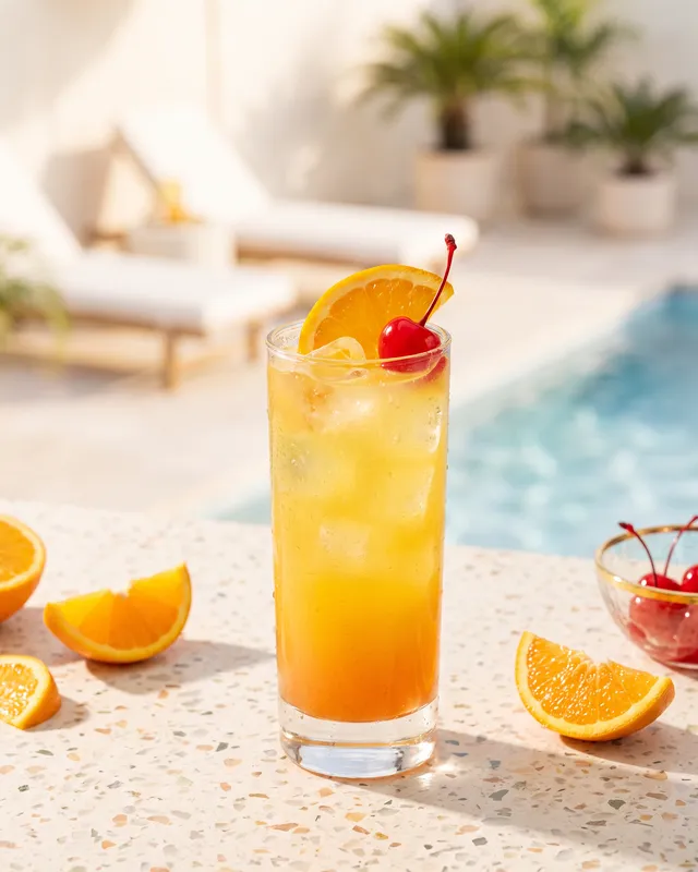 Harvey Wallbanger i collinsglas med appelsin og cocktailkirsebær