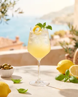 Limoncello Spritz i vinglas med citron og basilikum