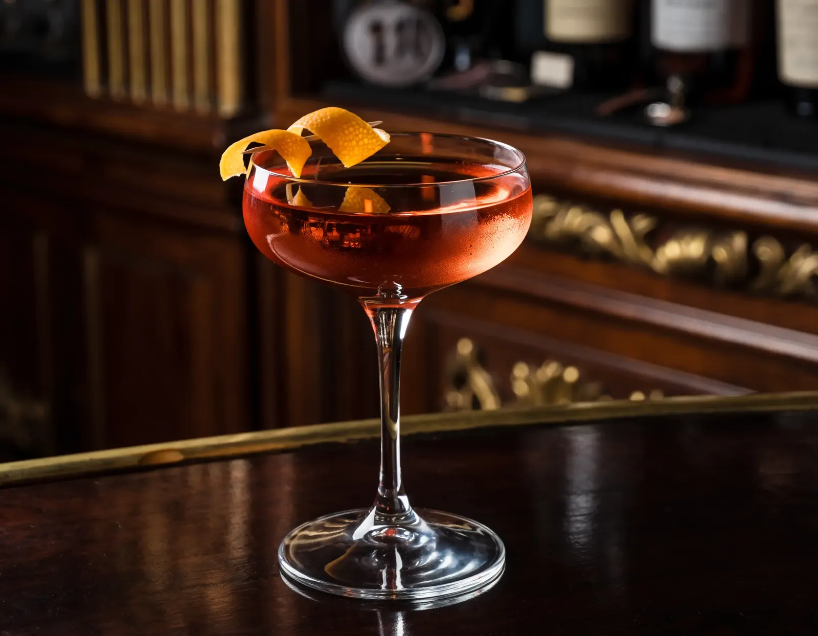 Lucien Gaudin cocktail i et coupeglas med appelsinskal
