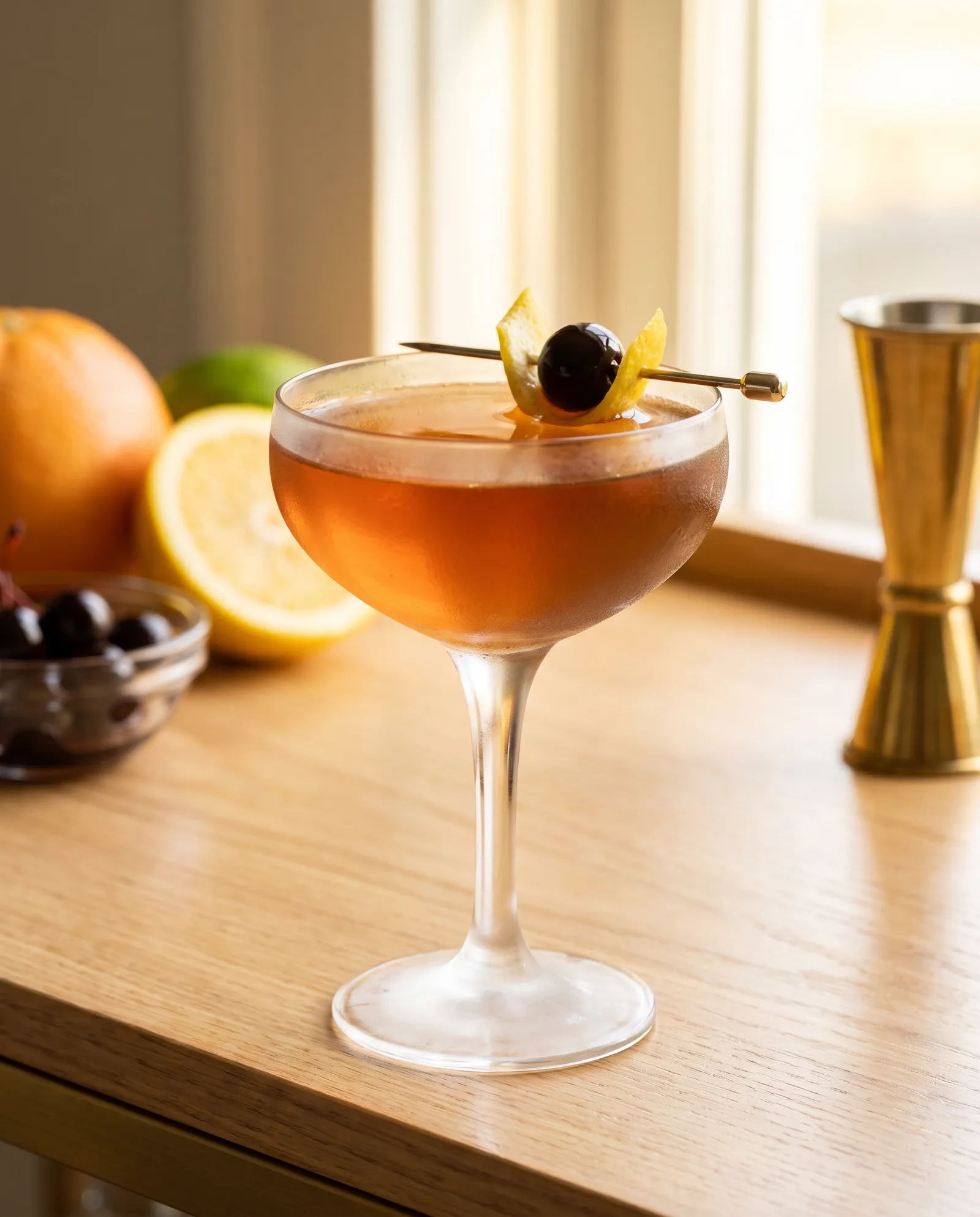 Man O' War Cocktail i coupe med citron og cocktailkirsebær