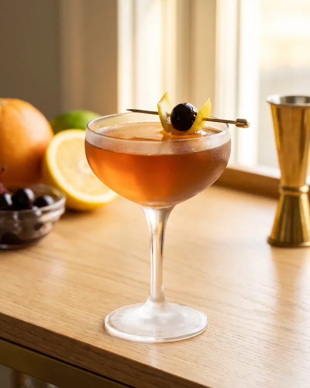 Man O' War Cocktail i coupe med citron og cocktailkirsebær