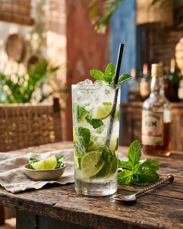 Mojito cocktail med lime, rom og mynte serveret i et højt glas.