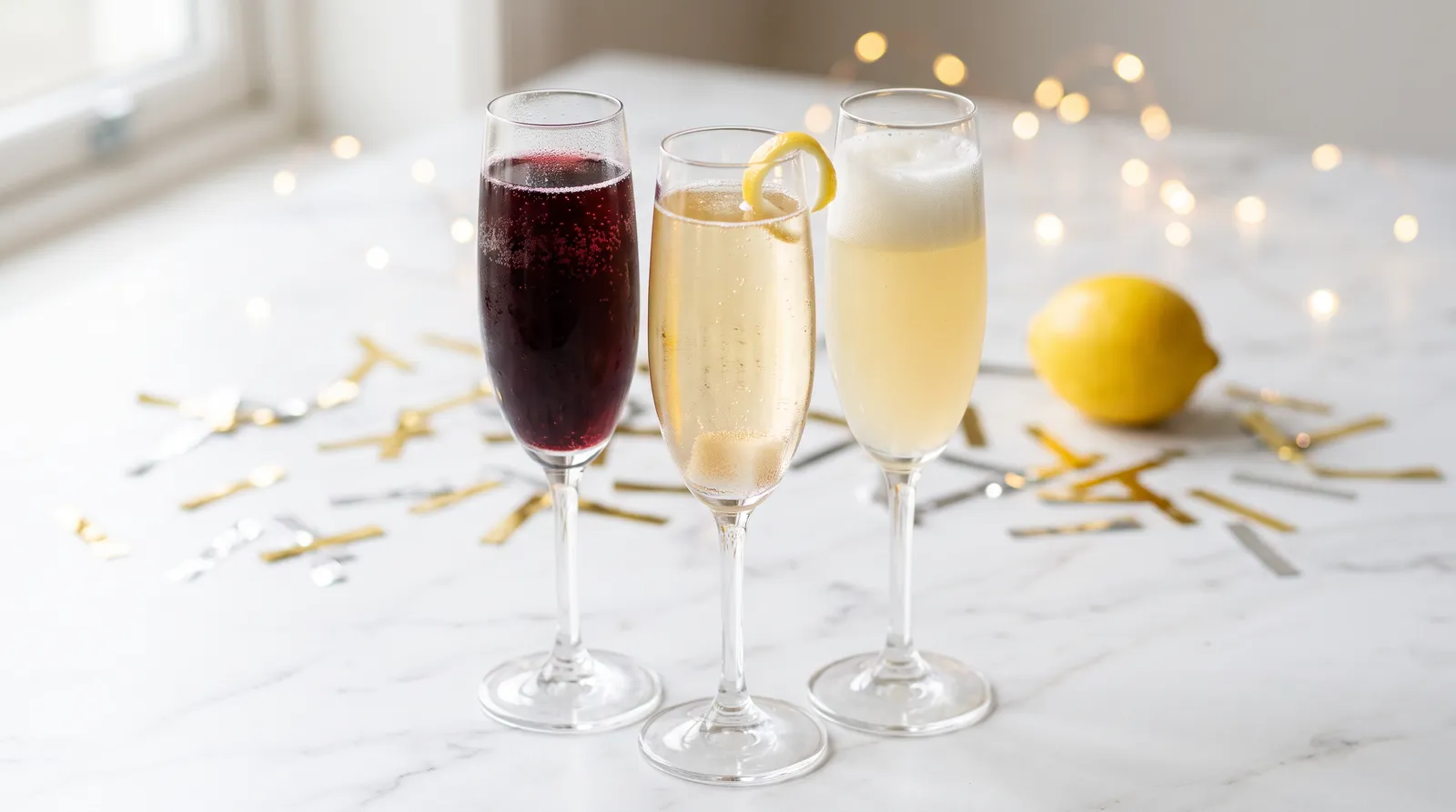 3 drinks til nytårsfesten står på et dækket bord