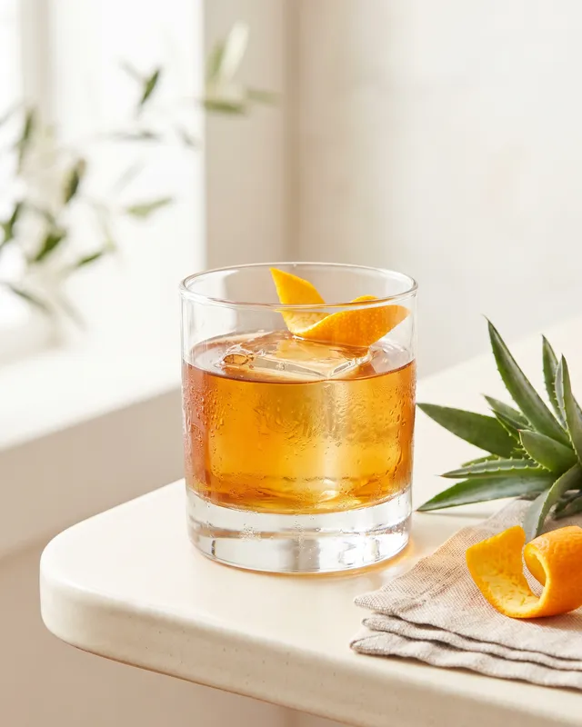 Oaxaca Old Fashioned i dobbelt old fashioned-glas med appelsin