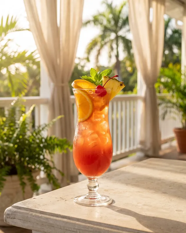 Planter's Punch i hurricaneglas med appelsin, ananas, cocktailkirsebær og mynte