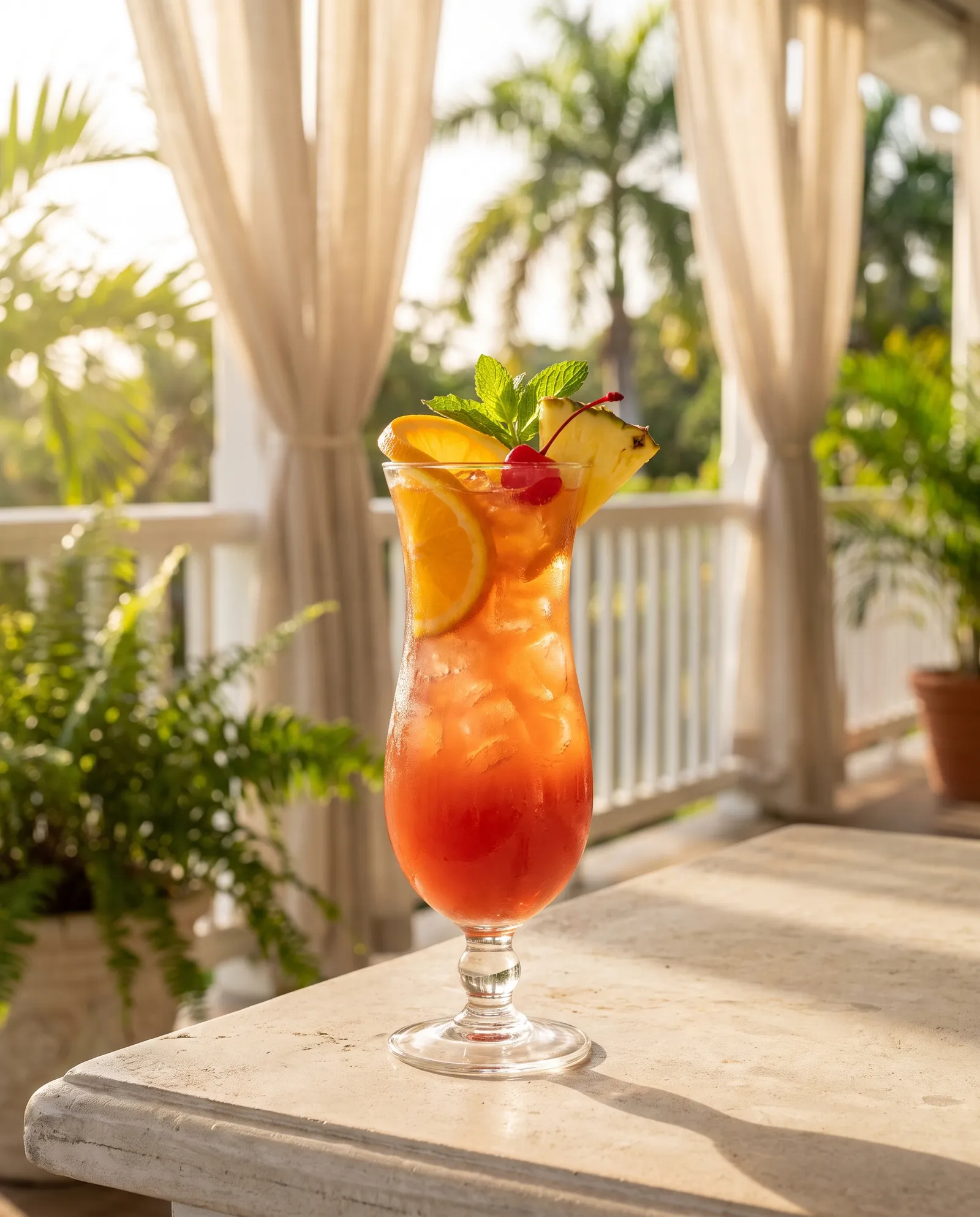 Planter's Punch i hurricaneglas med appelsin, ananas, cocktailkirsebær og mynte