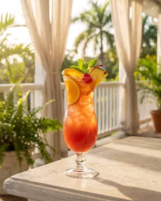 Planter's Punch i hurricaneglas med appelsin, ananas, cocktailkirsebær og mynte