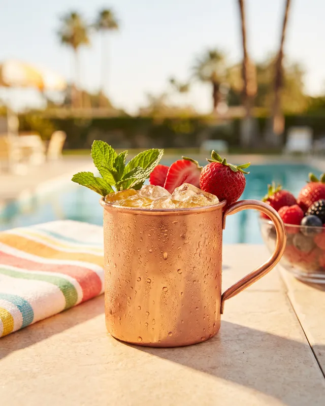 Strawberry Mule i kobberkrus med jordbær, mynte og jordbær
