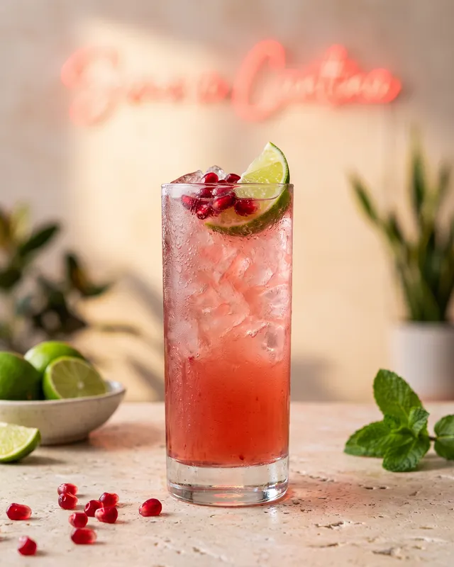 Tequila Diablo Rojo i highballglas med granatæble og lime