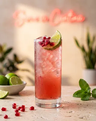 Tequila Diablo Rojo i highballglas med granatæble og lime