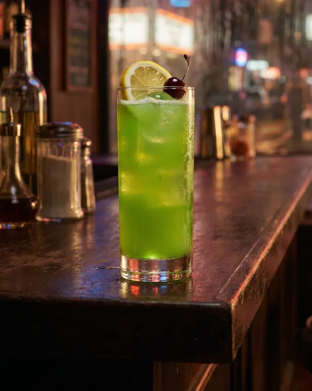 Tokyo Iced Tea i highballglas med citron og cocktailkirsebær