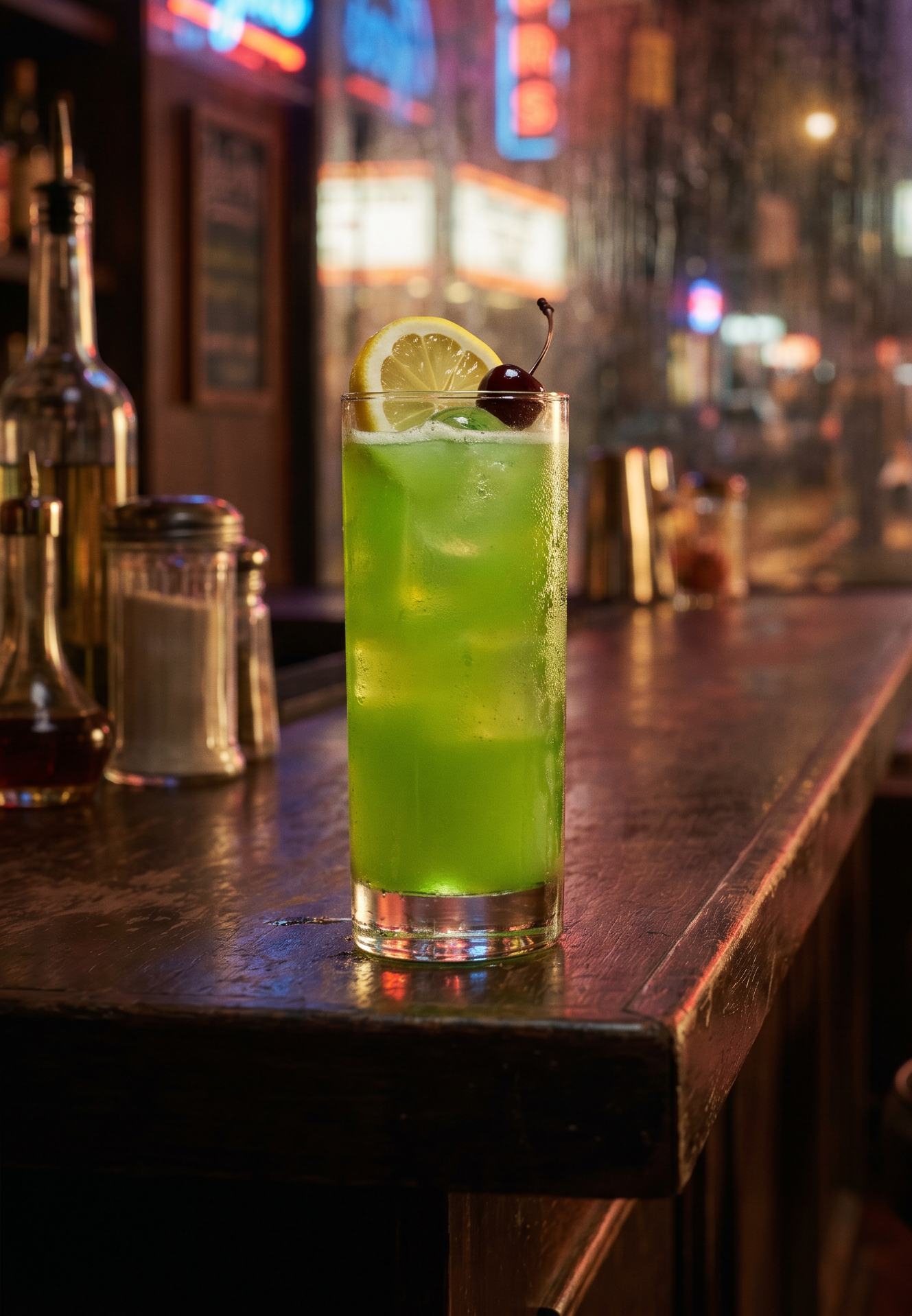 Tokyo Iced Tea i highballglas med citron og cocktailkirsebær
