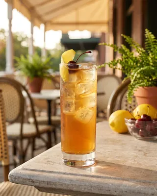 Whiskey Collins i collinsglas med citron og cocktailkirsebær