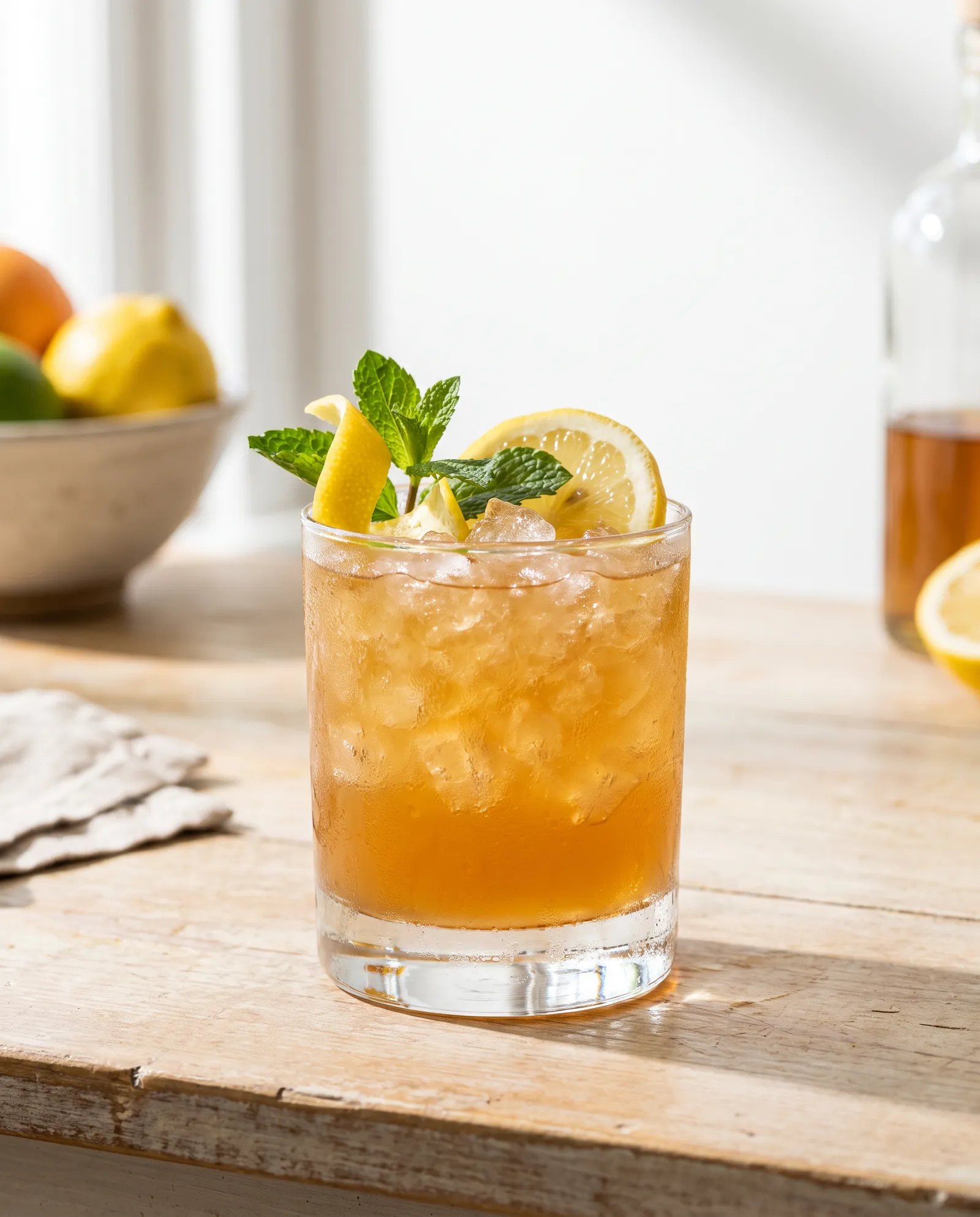 Whiskey Smash i rocksglas med citron, mynte, mynte og citron