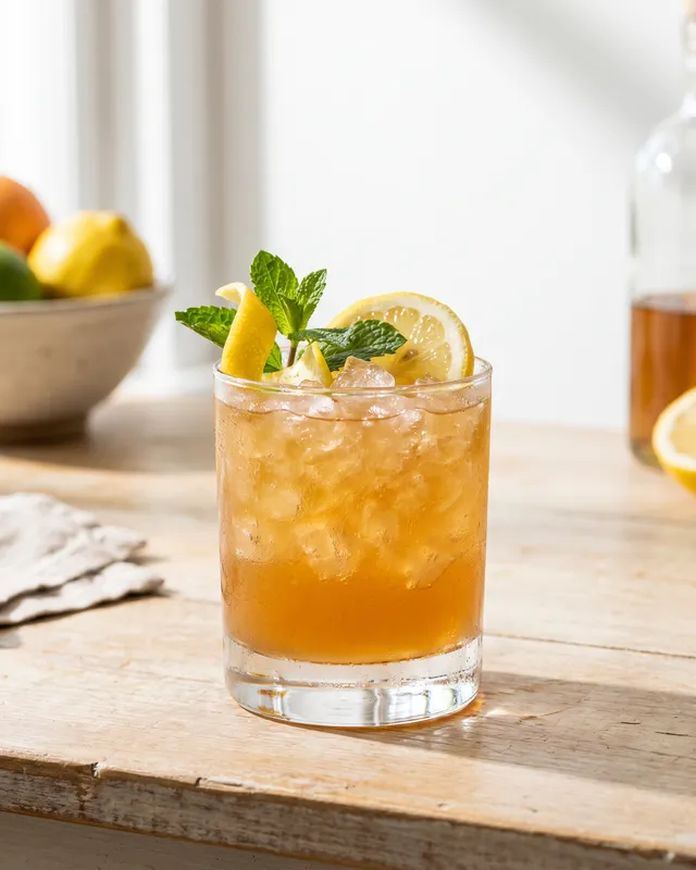 Whiskey Smash i rocksglas med citron, mynte, mynte og citron